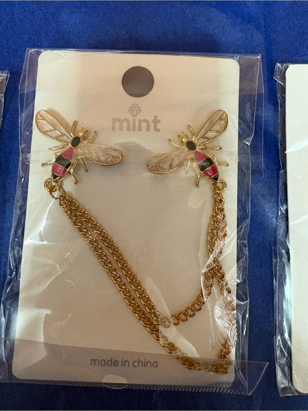 Mint Gold Bee Brooches with Pink and Black Enamel Accents